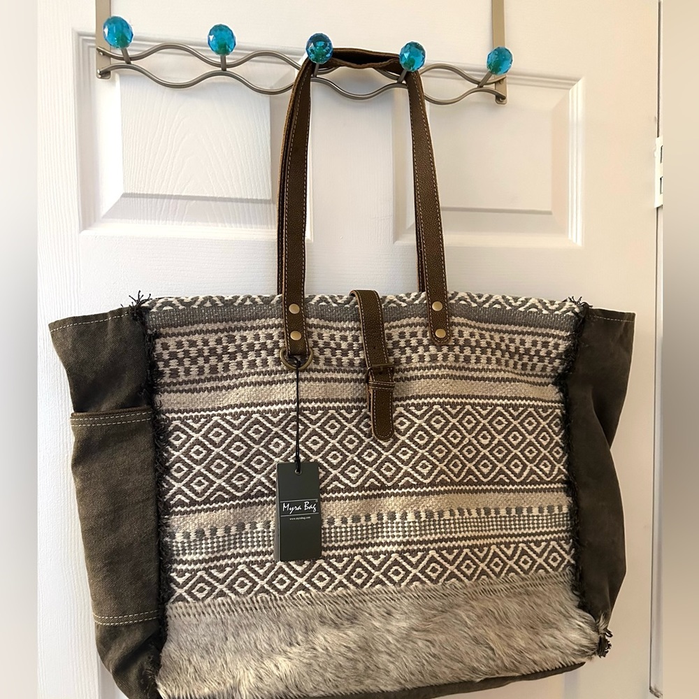 Myra Weekender Bag Upcycled Rug Leather Canvas Minimal Rhombus Pattern S3044 NWT